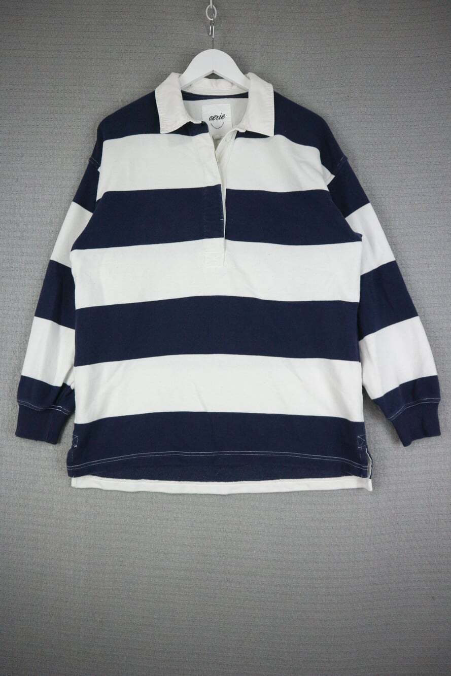 Aerie Oversized Striped Rugby Shirt Navy Blue White Collared Long Sleeve Small